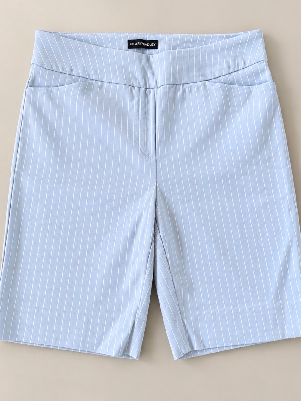 Hilary Radley Blue White Pinstripe Bermuda Shorts M Pull On Stretch 9"